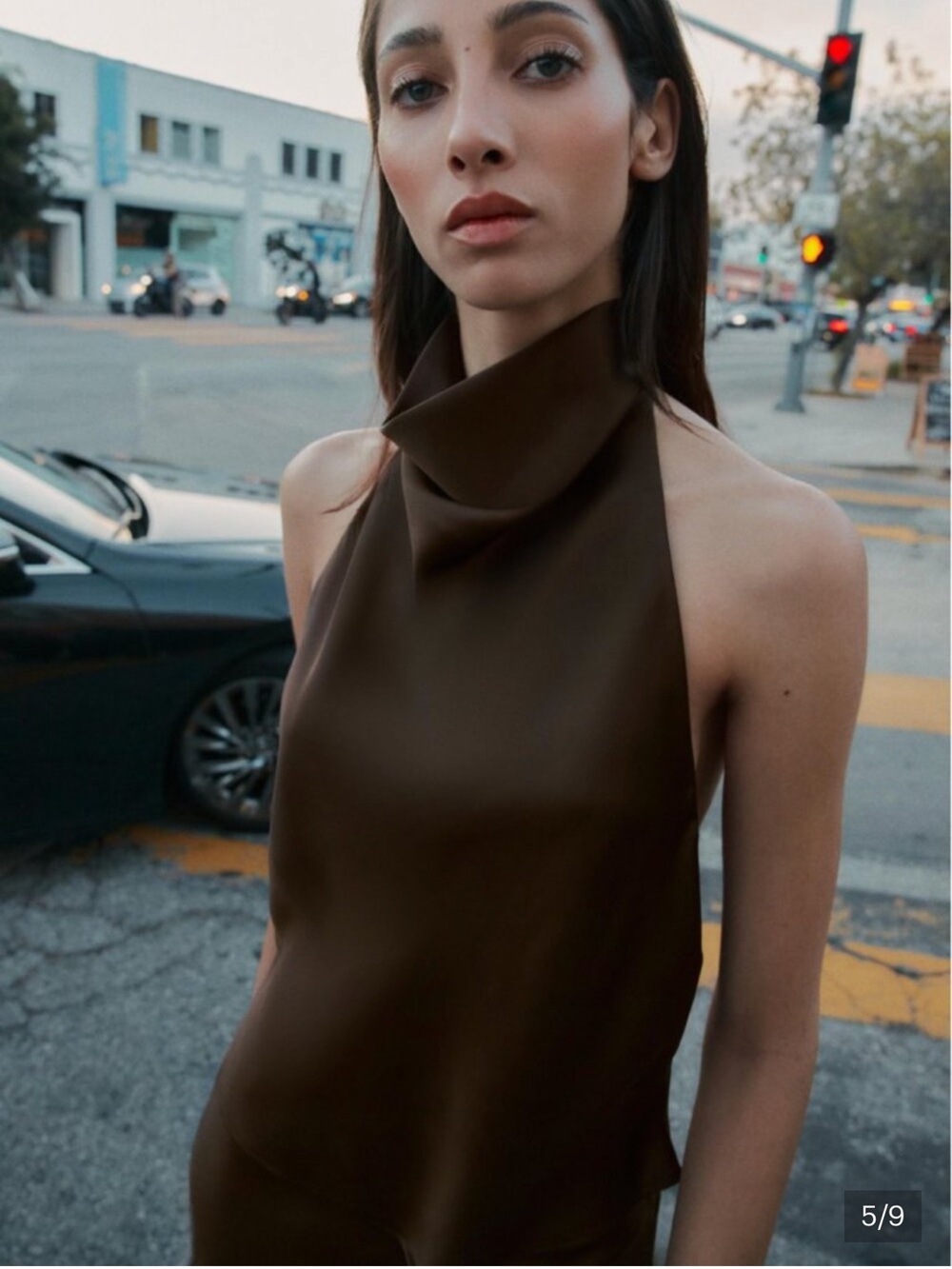 Zara Brown Satin-Effect Halter Top with Draped Neck